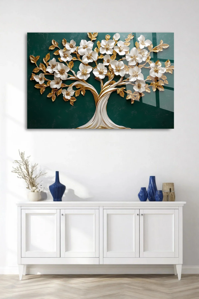 KIRILMAZ CAM TABLO , MODERN DUVAR DEKORASYONU YEŞİL ZEMİN ÇİÇEKLİ AĞAÇ EV OFİS HEDİYESİ