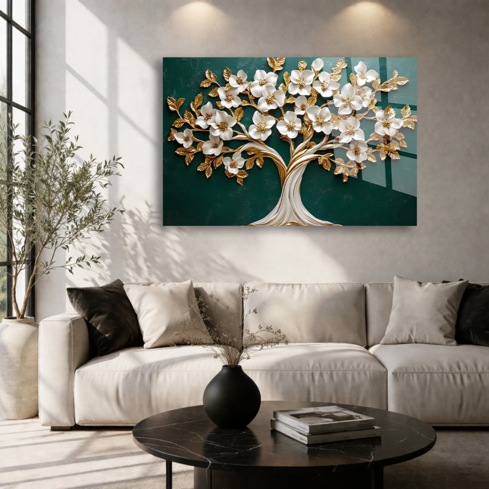 KIRILMAZ CAM TABLO , MODERN DUVAR DEKORASYONU YEŞİL ZEMİN ÇİÇEKLİ AĞAÇ EV OFİS HEDİYESİ