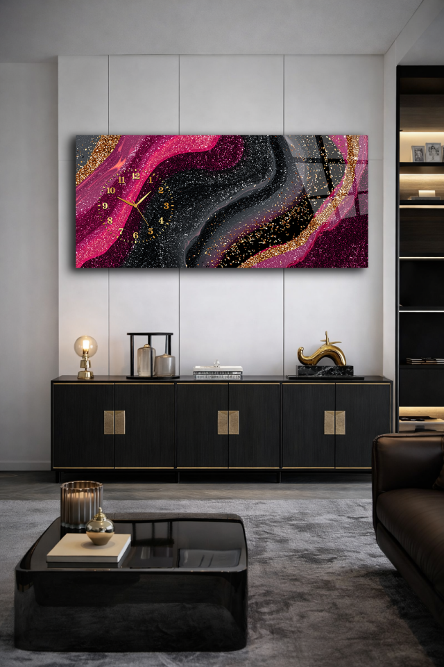 KIRILMAZ CAM DUVAR SAATİ , HEM TABLO HEM SAAT PEMBE SİYAH SOYUT SANAT TASARIMI EV OFİS HEDİYESİ