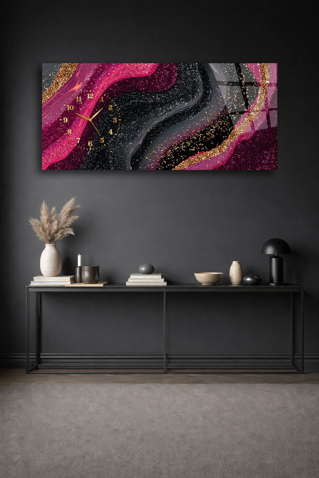 KIRILMAZ CAM DUVAR SAATİ , HEM TABLO HEM SAAT PEMBE SİYAH SOYUT SANAT TASARIMI EV OFİS HEDİYESİ