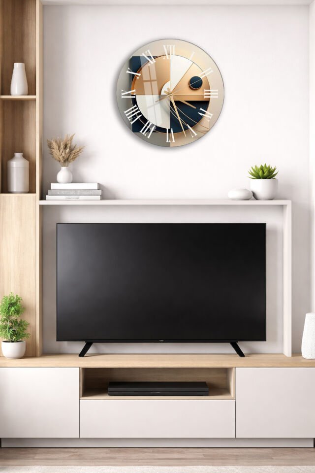 KIRILMAZ CAM DUVAR SAATİ, HEM TABLO HEM SAAT BEJ SİYAH GEOMETRİK MİNİMAL ROMEN RAKAM EV OFİS HEDİYESİ