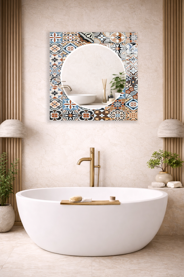 HEM TABLO HEM AYNA PATCHWORK KARO SERAMİK DESEN CAM DUVAR AYNASI EV DEKORU