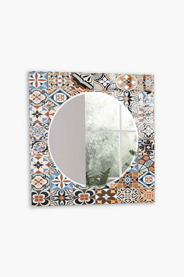 HEM TABLO HEM AYNA PATCHWORK KARO SERAMİK DESEN CAM DUVAR AYNASI EV DEKORU