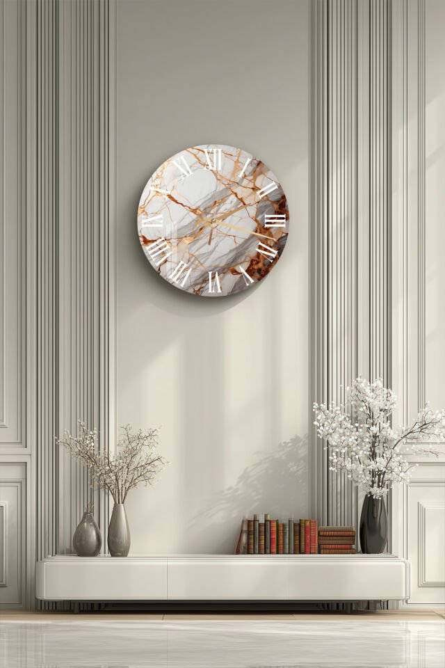 KIRILMAZ CAM DUVAR SAATİ, HEM TABLO HEM SAAT BEYAZ MERMER ALTIN DAMARLI LÜKS TASARIM EV OFİS HEDİYESİ