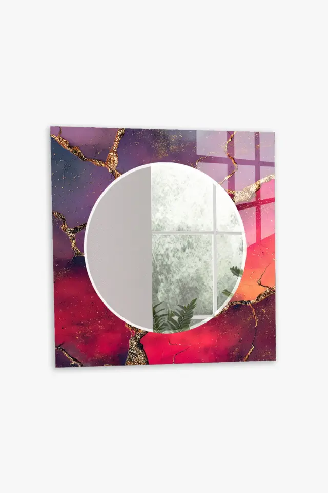 HEM TABLO HEM AYNA MOR KIRMIZI ALTIN ÇATLAK CAM DUVAR AYNASI EV DEKORU