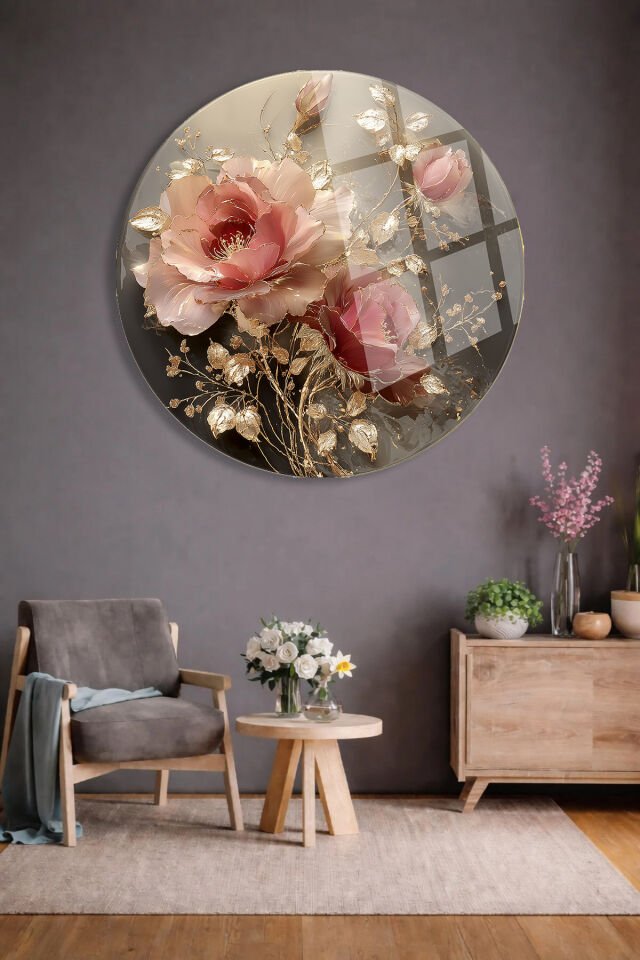 GOLD DETAYLI PEMBE ÇİÇEK MODERN TABLO KIRILMAZ CAM TABLO ULTRA CANLI RENKLER EV OFİS HEDİYESİ Pembe