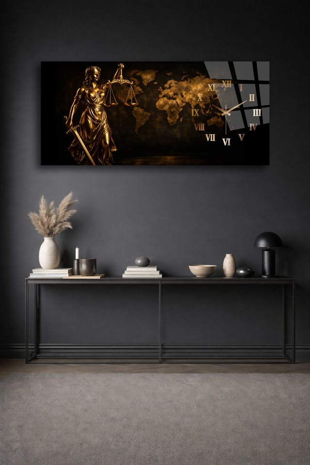KIRILMAZ CAM DUVAR SAATİ , HEM TABLO HEM SAAT ADALET HEYKELİ ALTIN TEMALI EV OFİS HEDİYESİ