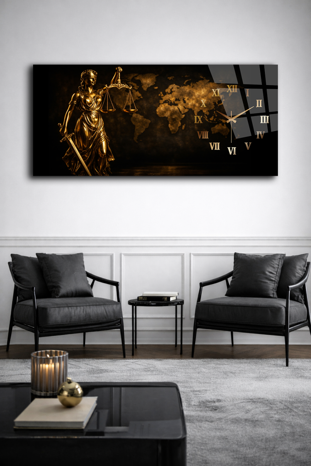 KIRILMAZ CAM DUVAR SAATİ , HEM TABLO HEM SAAT ADALET HEYKELİ ALTIN TEMALI EV OFİS HEDİYESİ