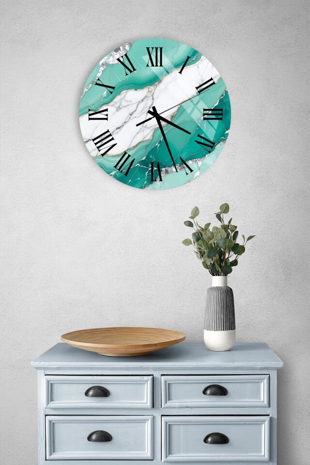KIRILMAZ CAM DUVAR SAATİ, HEM TABLO HEM SAAT TURKUAZ BEYAZ MERMER ALTIN DAMARLI ROMEN RAKAM EV OFİS HEDİYESİ