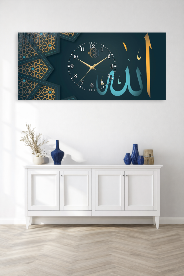 KIRILMAZ CAM DUVAR SAATİ , HEM TABLO HEM SAAT ALLAH YAZILI MODERN TASARIM EV OFİS HEDİYESİ