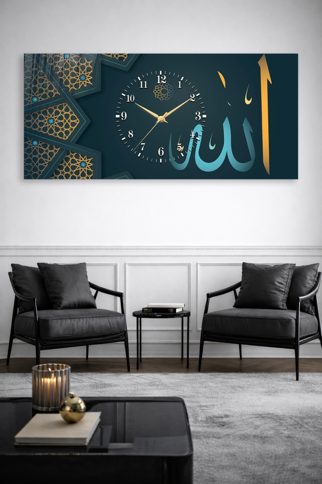 KIRILMAZ CAM DUVAR SAATİ , HEM TABLO HEM SAAT ALLAH YAZILI MODERN TASARIM EV OFİS HEDİYESİ