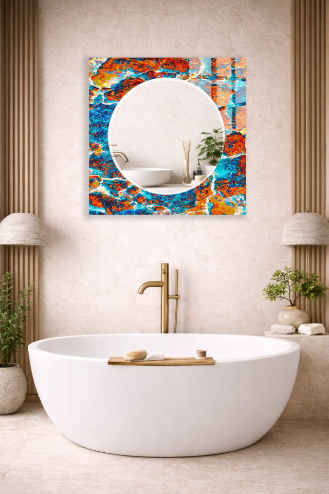 HEM TABLO HEM AYNA CANLI RENK SOYUT MERMER DESEN CAM DUVAR AYNASI EV DEKORU