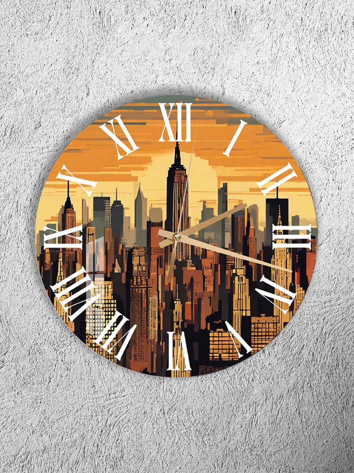 KIRILMAZ CAM DUVAR SAATİ, HEM TABLO HEM SAAT ŞEHİR SİLÜETİ GÜN BATIMI MODERN TASARIM EV OFİS HEDİYESİ