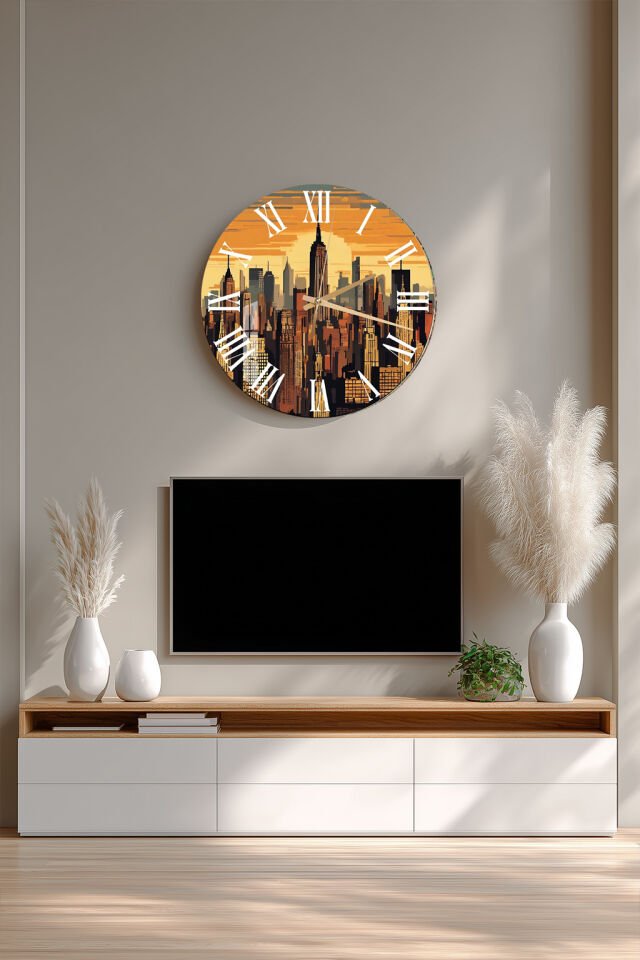 KIRILMAZ CAM DUVAR SAATİ, HEM TABLO HEM SAAT ŞEHİR SİLÜETİ GÜN BATIMI MODERN TASARIM EV OFİS HEDİYESİ