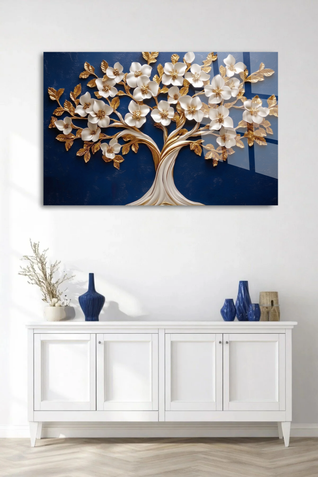 KIRILMAZ CAM TABLO , MODERN DUVAR DEKORASYONU MAVİ ZEMİN ÇİÇEKLİ AĞAÇ EV OFİS HEDİYESİ