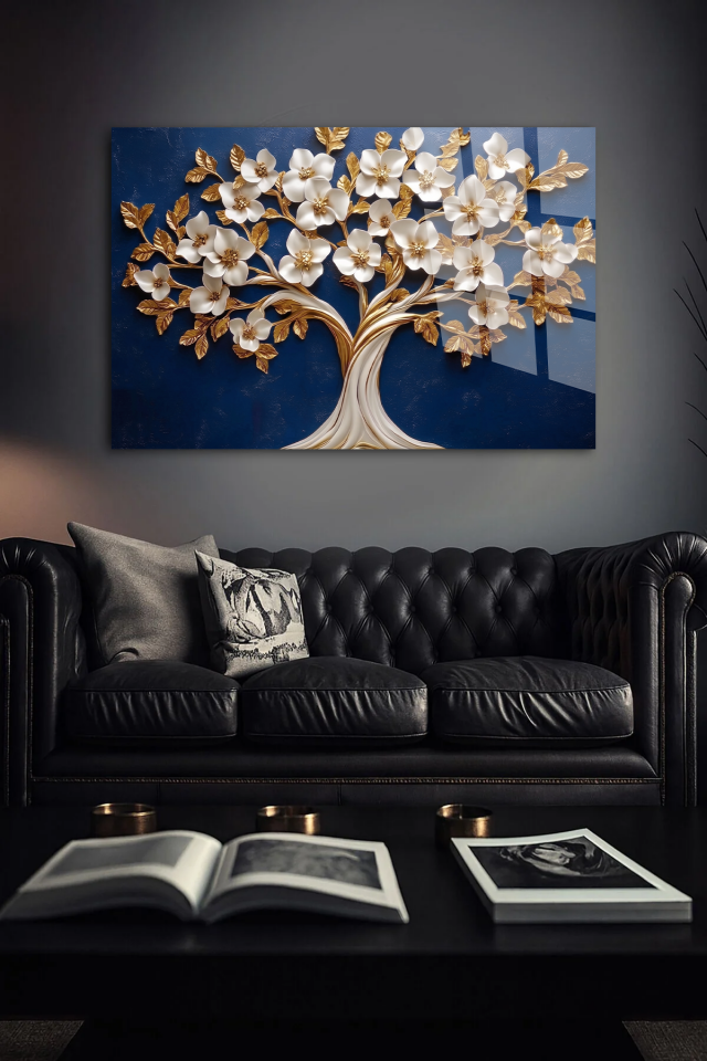 KIRILMAZ CAM TABLO , MODERN DUVAR DEKORASYONU MAVİ ZEMİN ÇİÇEKLİ AĞAÇ EV OFİS HEDİYESİ