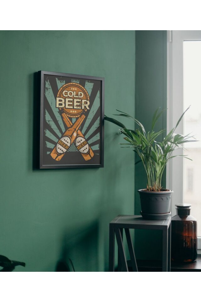 Çok Renkli - Vintage Pinterest Cold Beer Poster Çerçeveli Yüksek Kaliteli Tasarım Tablo