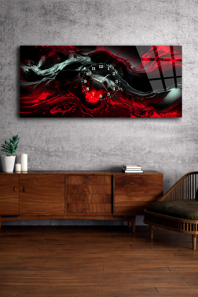 KIRILMAZ CAM DUVAR SAATİ , HEM TABLO HEM SAAT KIRMIZI SİYAH MODERN SOYUT TASARIM EV OFİS HEDİYESİ