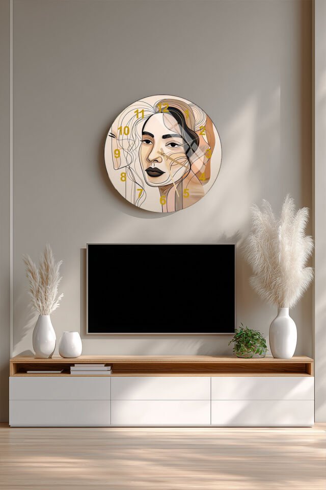 KIRILMAZ CAM DUVAR SAATİ, HEM TABLO HEM SAAT SOYUT KADIN PORTRESİ MODERN SANATSAL TASARIM EV OFİS HEDİYESİ