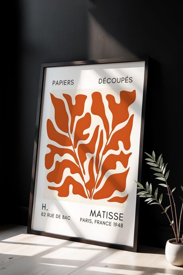 SİYAH - Botanik Serisi Turuncu Çiçekli Matisse Doğal Ahşap Çerçeveli Duvar Tablosu