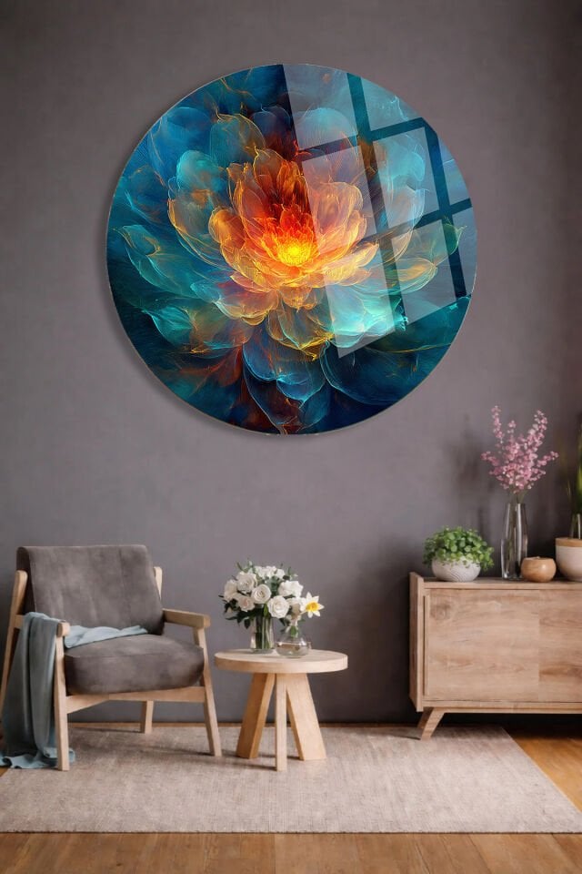 RENK PATLAMASI SOYUT DESENLİ YUVARLAK GERÇEK KIRILMAZ CAM TABLO ULTRA CANLI RENKLER EV OFİS HEDİYESİ Turkuaz