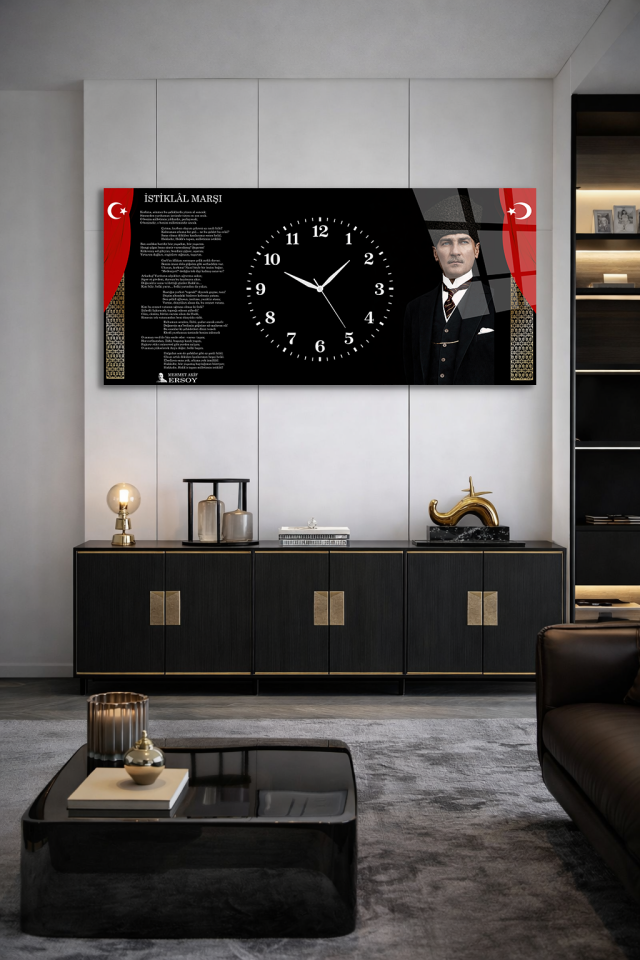 KIRILMAZ CAM DUVAR SAATİ , HEM TABLO HEM SAAT ATATÜRK İSTİKLAL MARŞI EV OFİS HEDİYESİ