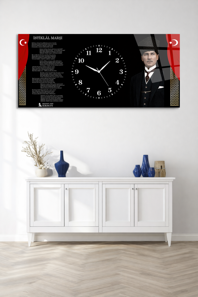 KIRILMAZ CAM DUVAR SAATİ , HEM TABLO HEM SAAT ATATÜRK İSTİKLAL MARŞI EV OFİS HEDİYESİ