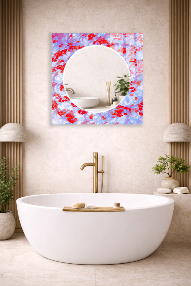 HEM TABLO HEM AYNA KIRMIZI ÇİÇEKLİ PASTEL DESEN CAM DUVAR AYNASI EV DEKORU