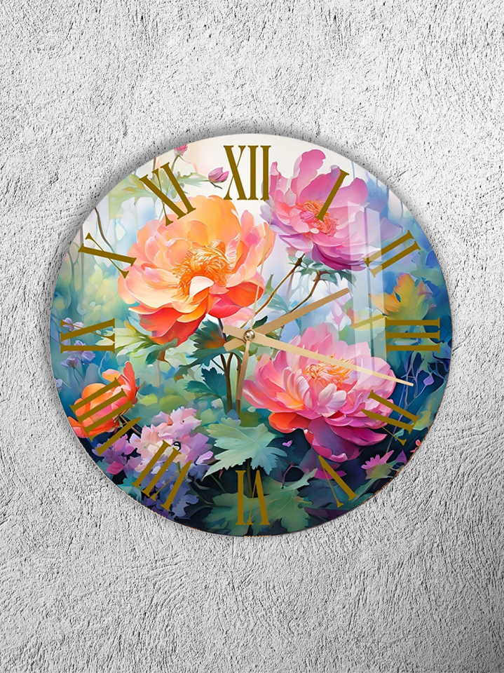 KIRILMAZ CAM DUVAR SAATİ, HEM TABLO HEM SAAT RENKLİ ÇİÇEK BAHÇESİ SANATSAL TASARIM EV OFİS HEDİYESİ