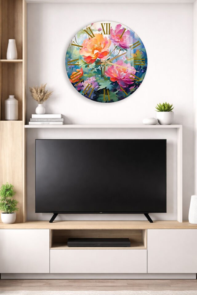 KIRILMAZ CAM DUVAR SAATİ, HEM TABLO HEM SAAT RENKLİ ÇİÇEK BAHÇESİ SANATSAL TASARIM EV OFİS HEDİYESİ