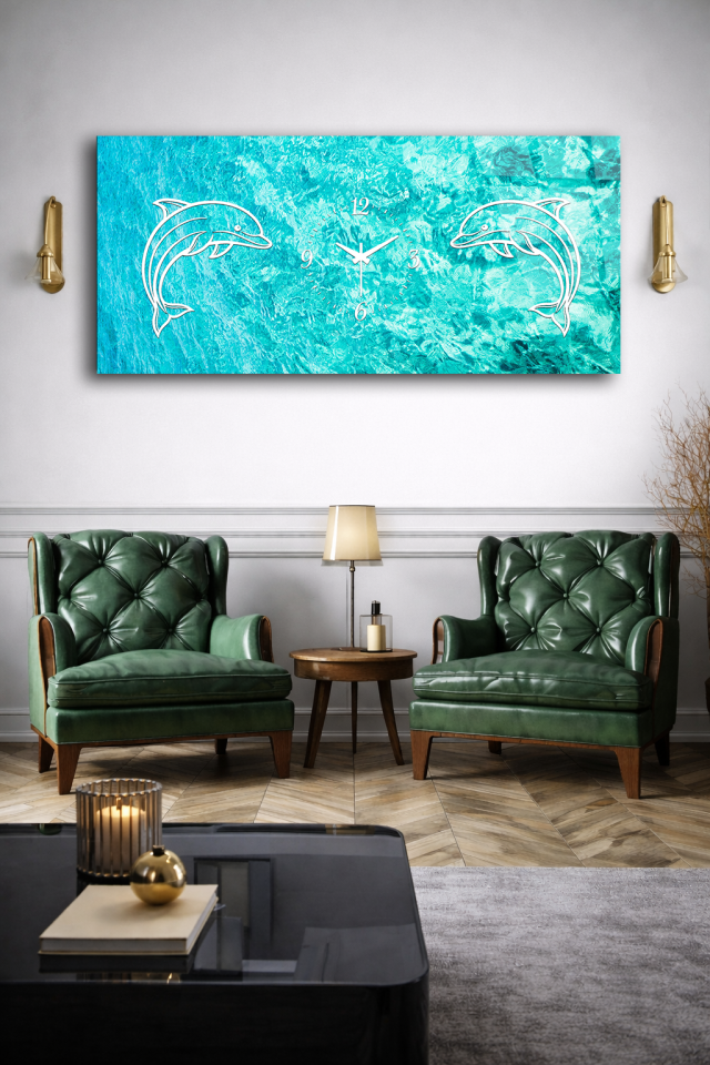 KIRILMAZ CAM DUVAR SAATİ , HEM TABLO HEM SAAT YUNUS BALIKLI TURKUAZ DENİZ TEMASI EV OFİS HEDİYESİ