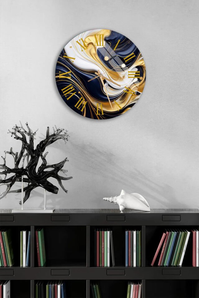 KIRILMAZ CAM DUVAR SAATİ, HEM TABLO HEM SAAT SİYAH BEYAZ ALTIN AKIŞ MERMER DESEN ROMEN RAKAM EV OFİS HEDİYESİ