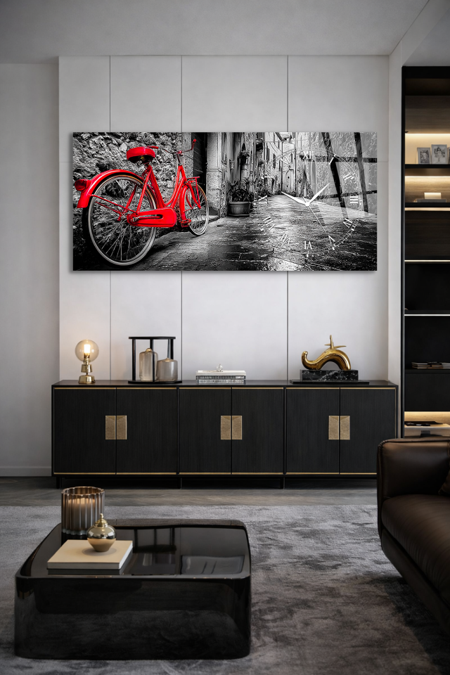 KIRILMAZ CAM DUVAR SAATİ , HEM TABLO HEM SAAT VİNTAGE KIRMIZI BİSİKLET TASARIM EV OFİS HEDİYESİ