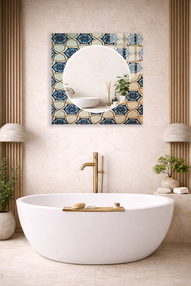 HEM TABLO HEM AYNA OSMANLI ÇİNİ MOTİFLİ KLASİK DESEN CAM DUVAR AYNASI EV DEKORU