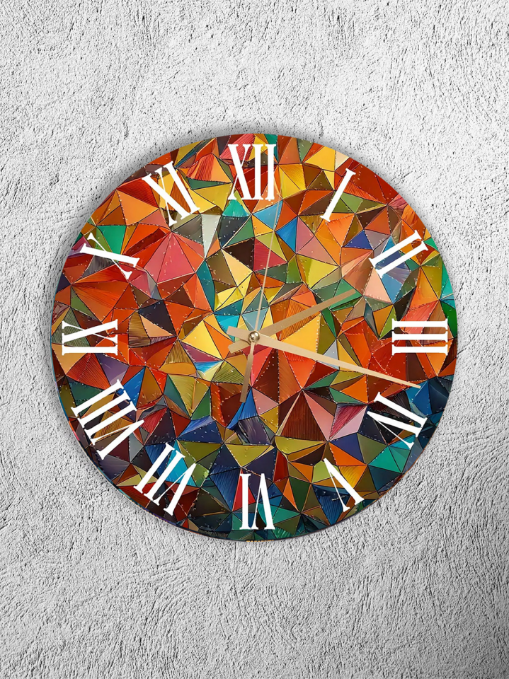 KIRILMAZ CAM DUVAR SAATİ, HEM TABLO HEM SAAT RENKLİ MOZAYİK GEOMETRİK DESEN TASARIM EV OFİS HEDİYESİ