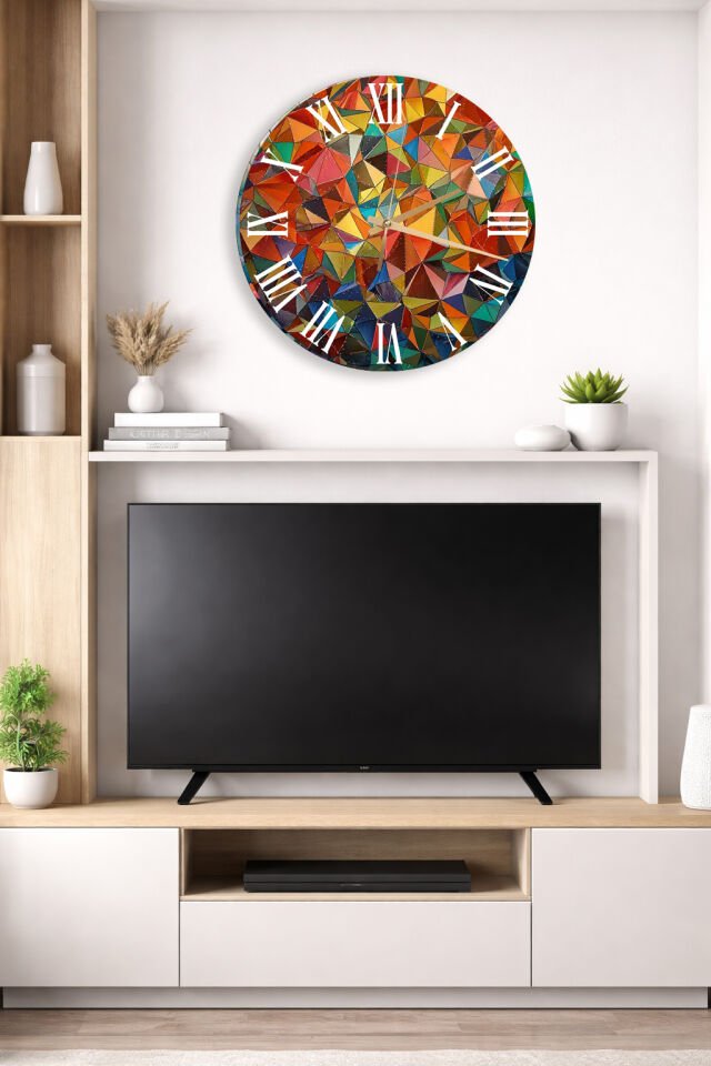KIRILMAZ CAM DUVAR SAATİ, HEM TABLO HEM SAAT RENKLİ MOZAYİK GEOMETRİK DESEN TASARIM EV OFİS HEDİYESİ