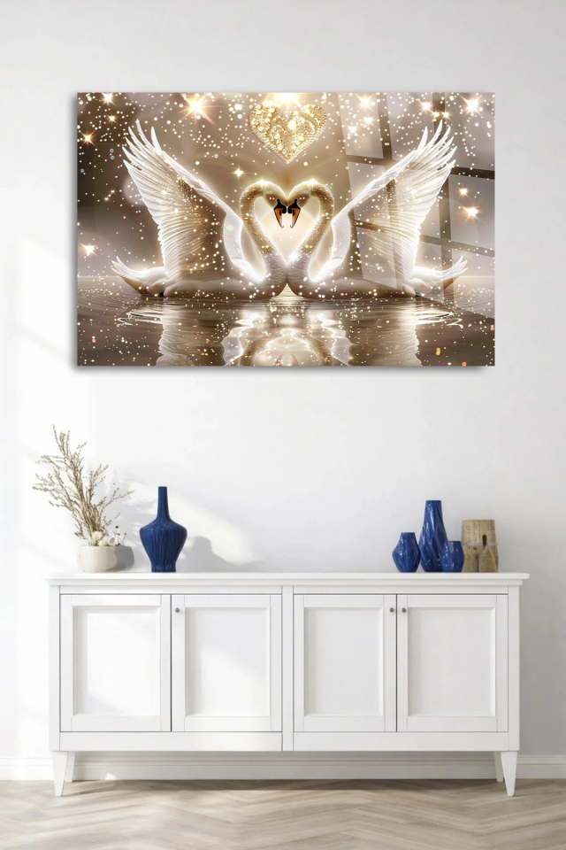 KIRILMAZ CAM TABLO , MODERN DUVAR DEKORASYONU KUĞU KALP AŞK TASARIM EV OFİS HEDİYESİ