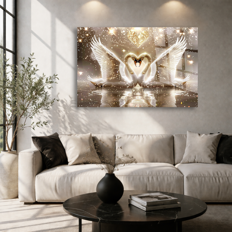 KIRILMAZ CAM TABLO , MODERN DUVAR DEKORASYONU KUĞU KALP AŞK TASARIM EV OFİS HEDİYESİ