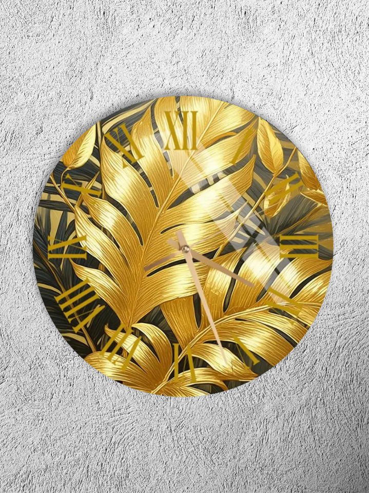 KIRILMAZ CAM DUVAR SAATİ, HEM TABLO HEM SAAT ALTIN PALMİYE YAPRAKLI LÜKS BOTANİK TASARIM EV OFİS HEDİYESİ