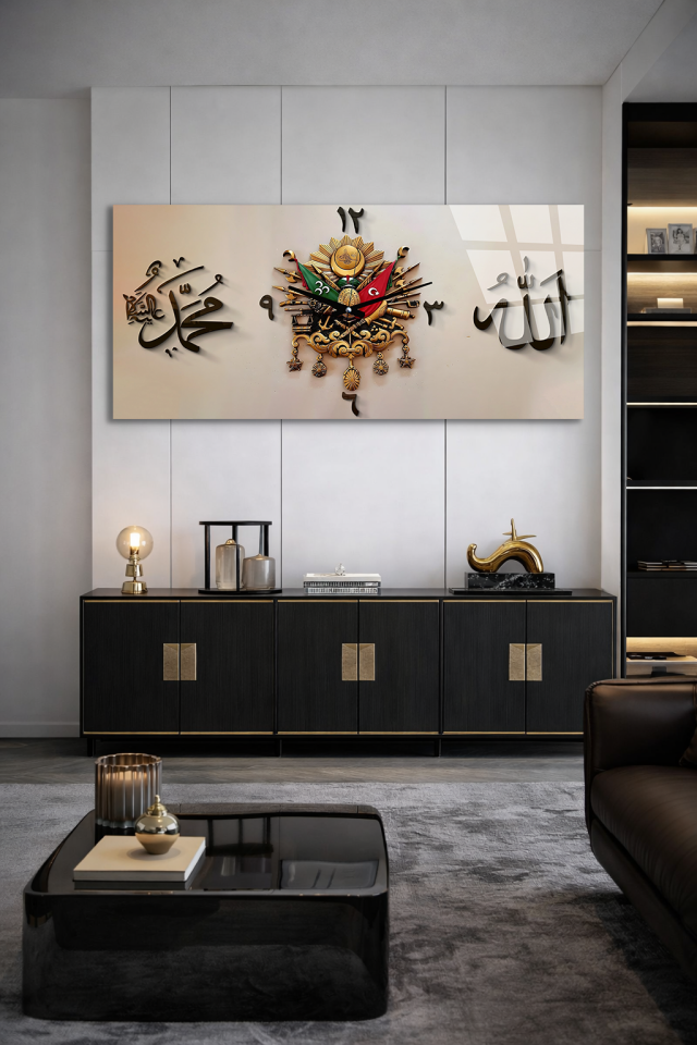 KIRILMAZ CAM DUVAR SAATİ , HEM TABLO HEM SAAT OSMANLI ARMASI VE HAT SANATI EV OFİS HEDİYESİ