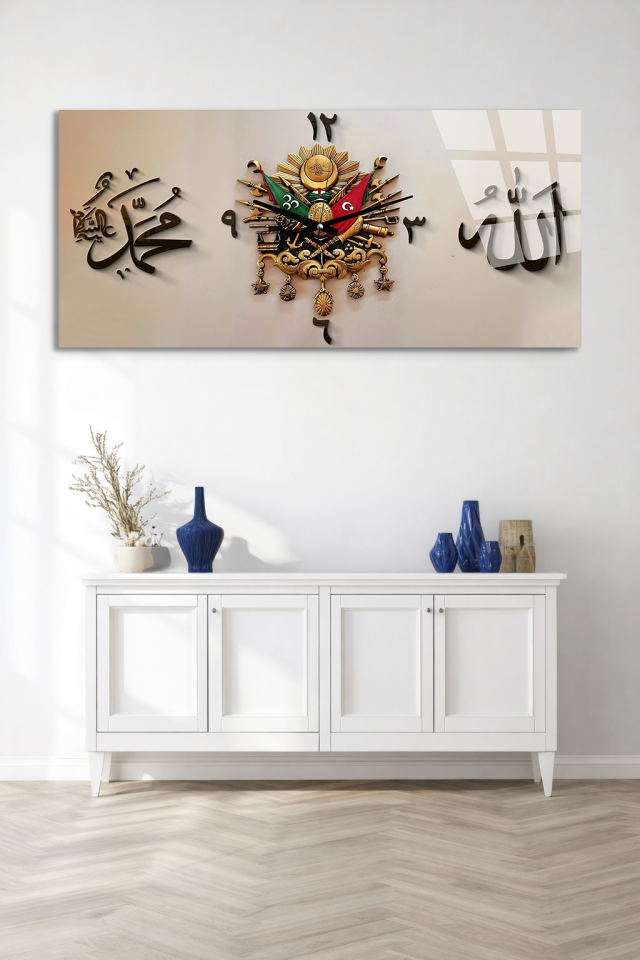 KIRILMAZ CAM DUVAR SAATİ , HEM TABLO HEM SAAT OSMANLI ARMASI VE HAT SANATI EV OFİS HEDİYESİ