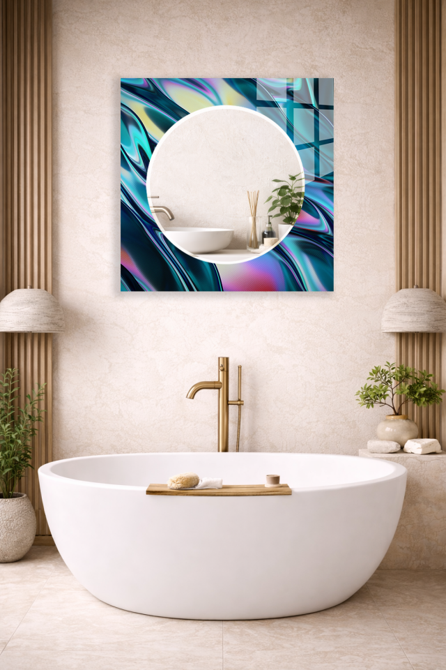 HEM TABLO HEM AYNA HOLOGRAFİK AKIŞKAN SOYUT DESEN CAM DUVAR AYNASI EV DEKORU