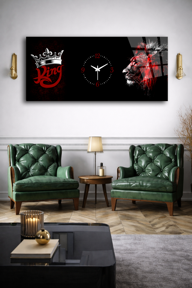 KIRILMAZ CAM DUVAR SAATİ , HEM TABLO HEM SAAT ASLAN KRAL GÜÇ TEMALI MODERN TASARIM EV OFİS HEDİYESİ