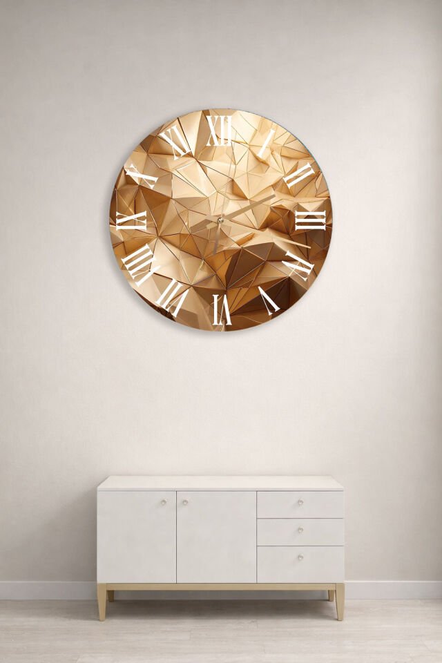 KIRILMAZ CAM DUVAR SAATİ, HEM TABLO HEM SAAT ALTIN GEOMETRİK 3D LÜKS TASARIM EV OFİS HEDİYESİ