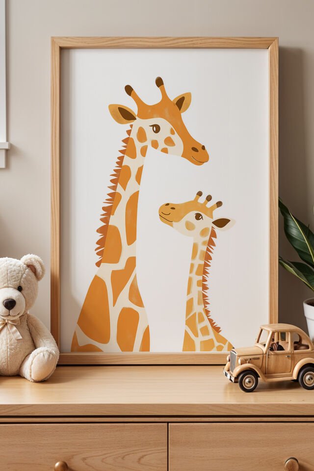 DOĞAL AHŞAP - Sevimli Zürafalar Çocuk Odası Ahşap Çerçeveli Duvar Tablosu
