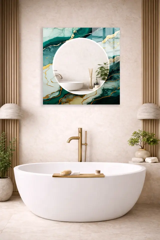 HEM TABLO HEM AYNA YEŞİL MERMER ALTIN DAMAR CAM DUVAR AYNASI EV DEKORU