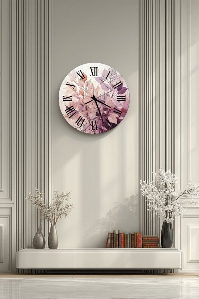 KIRILMAZ CAM DUVAR SAATİ, HEM TABLO HEM SAAT PASTEL YAPRAK DESENLİ DOĞAL BOTANİK ROMEN RAKAM EV OFİS HEDİYESİ