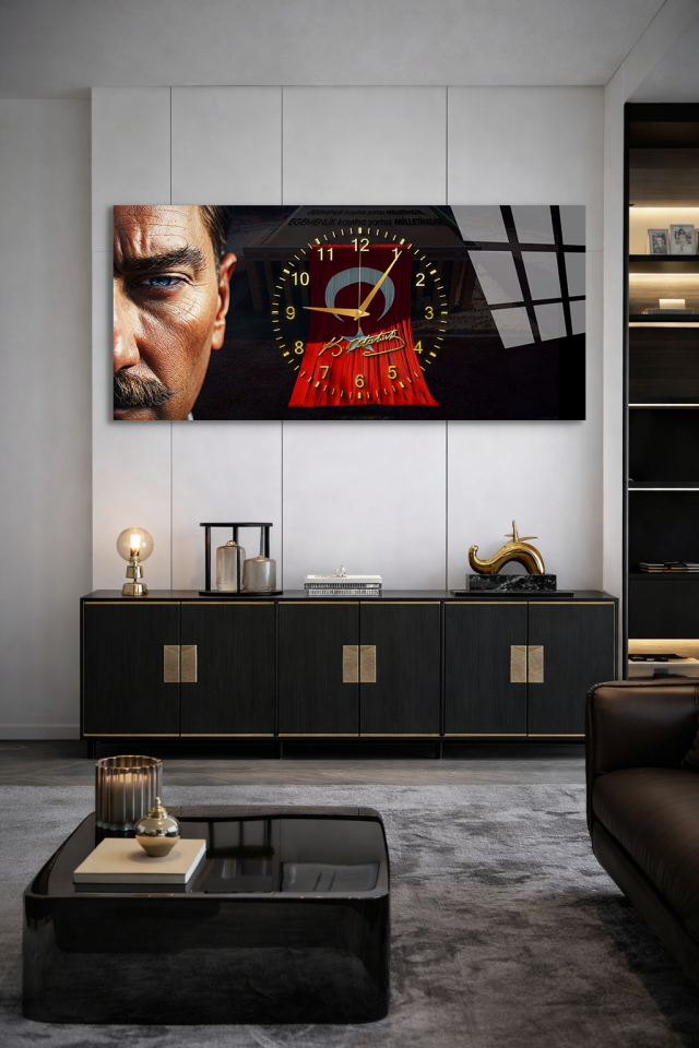 KIRILMAZ CAM DUVAR SAATİ , HEM TABLO HEM SAAT ATATÜRK İMZALI TÜRK BAYRAĞI EV OFİS HEDİYESİ