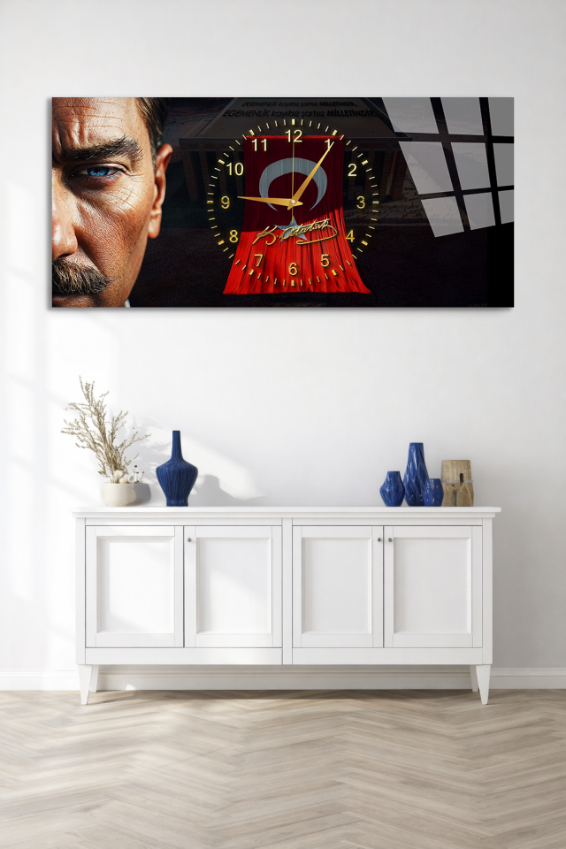 KIRILMAZ CAM DUVAR SAATİ , HEM TABLO HEM SAAT ATATÜRK İMZALI TÜRK BAYRAĞI EV OFİS HEDİYESİ