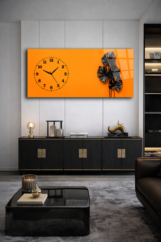 KIRILMAZ CAM DUVAR SAATİ , HEM TABLO HEM SAAT TURUNCU MİNİMAL ÇİÇEK TASARIMI EV OFİS HEDİYESİ